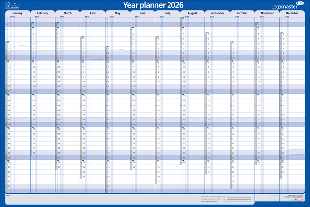 Jaarplanner 2026 Legamaster 1 persoon 90x60cm horizontaal gelamineerd Engelstalig Jaarplanner 2026 Legamaster 1 persoon 90x60cm horizontaal gelamineerd Engelstalig