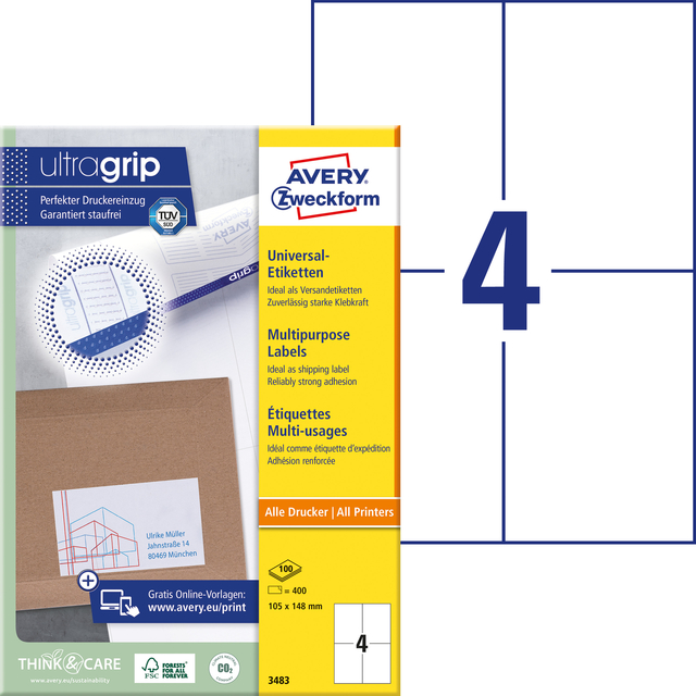 Etiket Avery Zweckform 3483 105x148mm A6 wit 400stuks