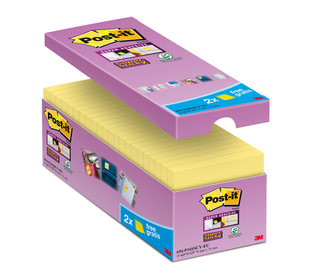Memoblok Post-it 654 Super Sticky 76x76mm geel 14+2 gratis Memoblok Post-it 654 Super Sticky 76x76mm geel 14+2 gratis