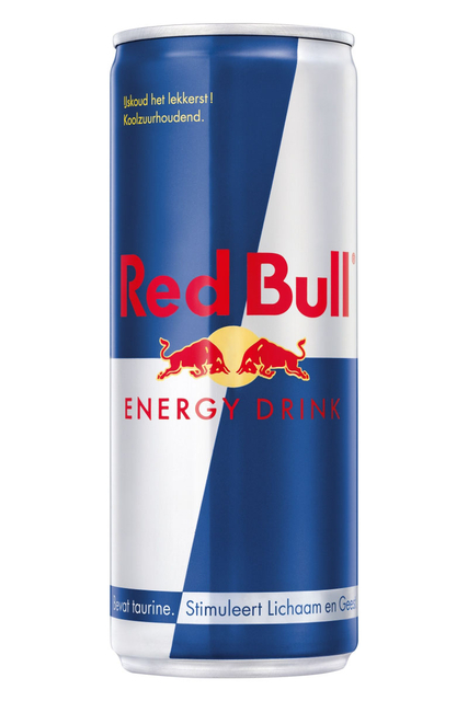 energie drank, Red Bull, blikverpakking, aluminium blik, zwarte/blauw ontwerp