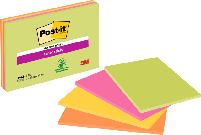 Memoblok Post-it 6445 Super Sticky 152x101mm assorti 4 stuks Memoblok Post-it 6445 Super Sticky 152x101mm assorti 4 stuks