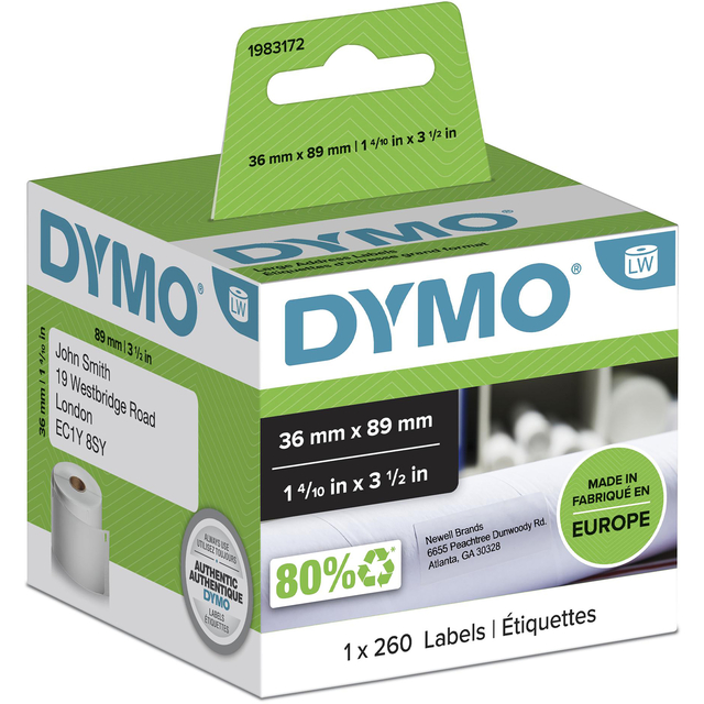 Etiket Dymo LabelWriter adressering 36x89mm 1 rol á 260 stuks wit Etiket Dymo LabelWriter adressering 36x89mm 1 rol á 260 stuks wit