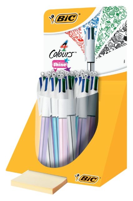 Balpen Bic 4kleuren shine medium zilver/paars/roze/blauw Balpen Bic 4kleuren shine medium zilver/paars/roze/blauw