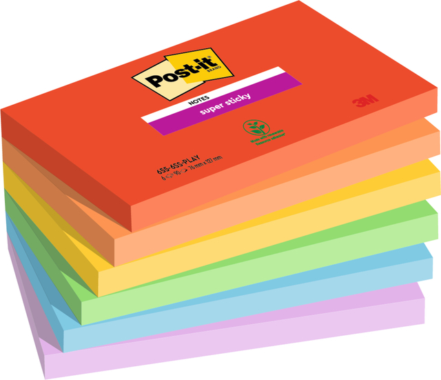 Memoblok Post-it 655 Super Sticky 76x127mm Playful 6 stuks Memoblok Post-it 655 Super Sticky 76x127mm Playful 6 stuks