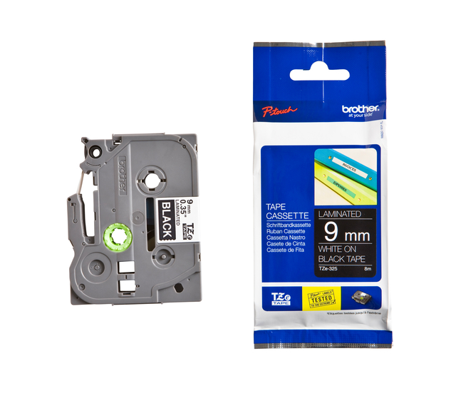 Labeltape Brother P-touch TZe-325 standaard 9mm wit op zwart