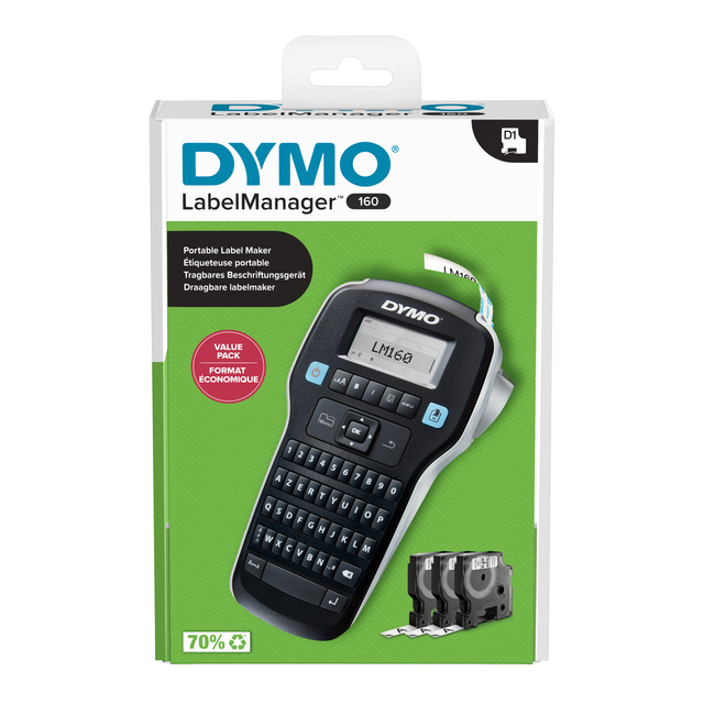 Labelprinter Dymo LabelManager 160 draagbaar azerty 12mm zwart valuepack Labelprinter Dymo LabelManager 160 draagbaar azerty 12mm zwart valuepack