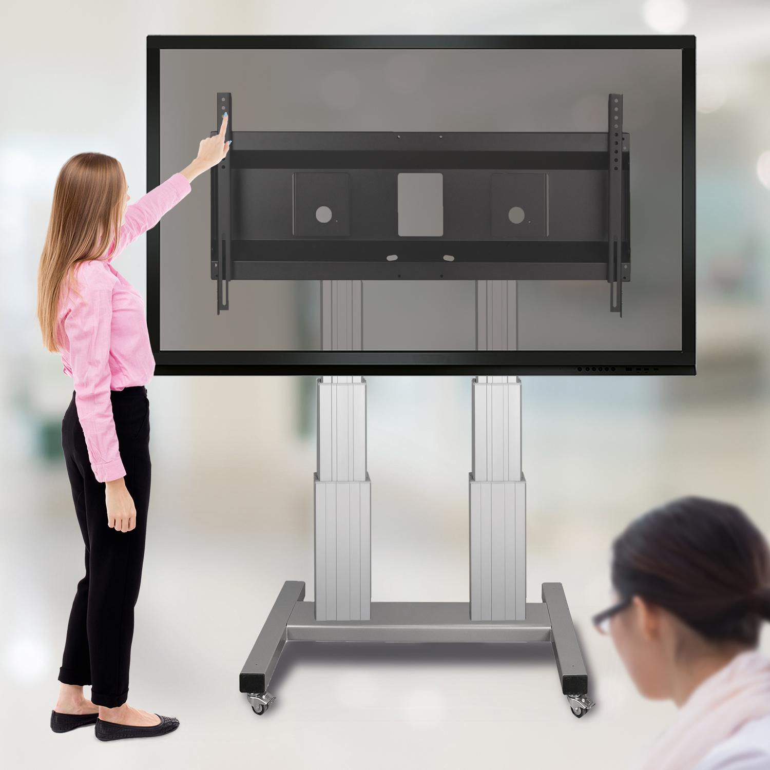 Elektrisch in hoogte verstelbare heavy duty XL tv-trolley, verrijdbaar monitorstatief met 70 cm slag