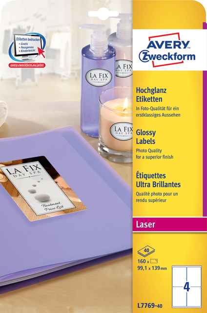 Etiket Avery Zweckform L7769-40 99.1x139mm hoogglans wit 160stuks Etiket Avery Zweckform L7769-40 99.1x139mm hoogglans wit 160stuks