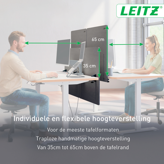 werkbaar bureau, kantoorruimte, kabelvrije tafelverdeling, verstelbaar scherm, twepersoonstafel