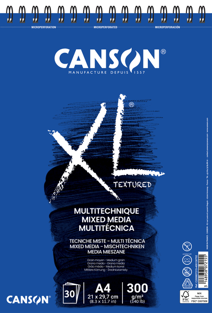 Aquarelblok Canson  XL Mix Media  A4 300gr spiraal 30 vel