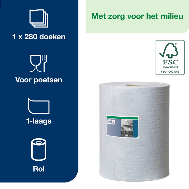Reinigingsdoek Tork W1-W2-W3 Premium Heavy-Duty 1-laags 280 vel blauw 530237