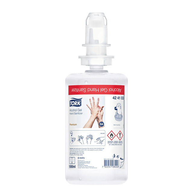 Handdesinfectie Tork S4 Premium alcoholgel ongeparfumeerd 1000 ml 424103 Handdesinfectie Tork S4 Premium alcoholgel ongeparfumeerd 1000 ml 424103