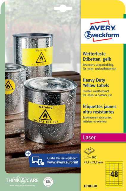Etiket Avery Zweckform L6103-20 45.7x21.2mm geel 960stuks Etiket Avery Zweckform L6103-20 45.7x21.2mm geel 960stuks