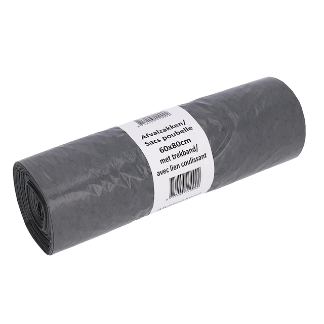 Afvalzak Cleaninq 60x80cm LDPE recycled T30 60L met trekband grijs rol à 25 stuks Afvalzak Cleaninq 60x80cm LDPE recycled T30 60L met trekband grijs rol à 25 stuks