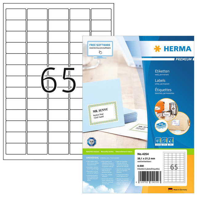 Etiket HERMA 4254 38.1x21.2mm premium wit 6500stuks Etiket HERMA 4254 38.1x21.2mm premium wit 6500stuks