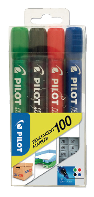 Viltstift PILOT 100 rond fijn assorti blister à 4 stuks Viltstift PILOT 100 rond fijn assorti blister à 4 stuks