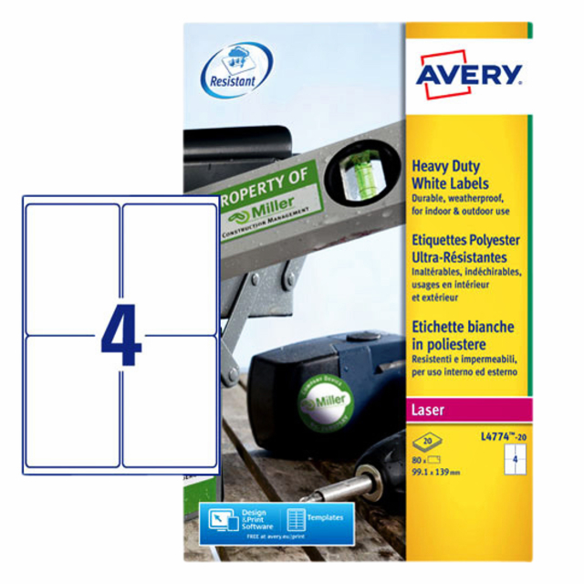 Etiket Avery L4774-20 99.1x139mm polyester wit 80 etiketten