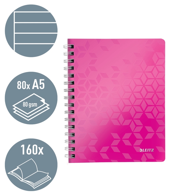notitieboek, spiraleband, A5 formaat, 80 gsm papier, roze ontwerp