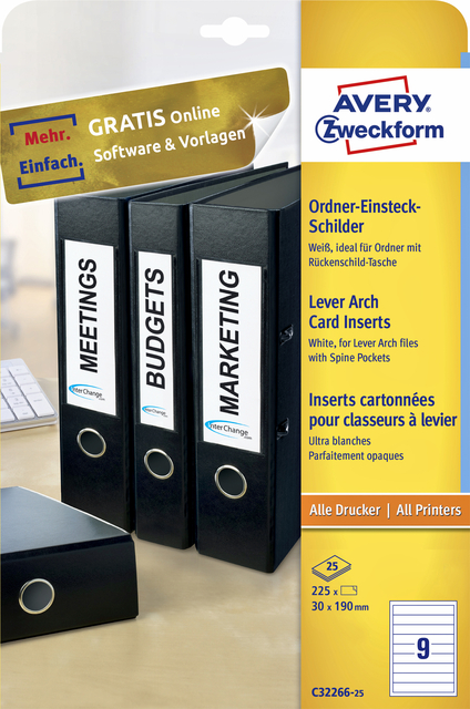 Rug-insteekkaart Avery Zweckform smal 30x190mm wit 25 vel Rug-insteekkaart Avery Zweckform smal 30x190mm wit 25 vel