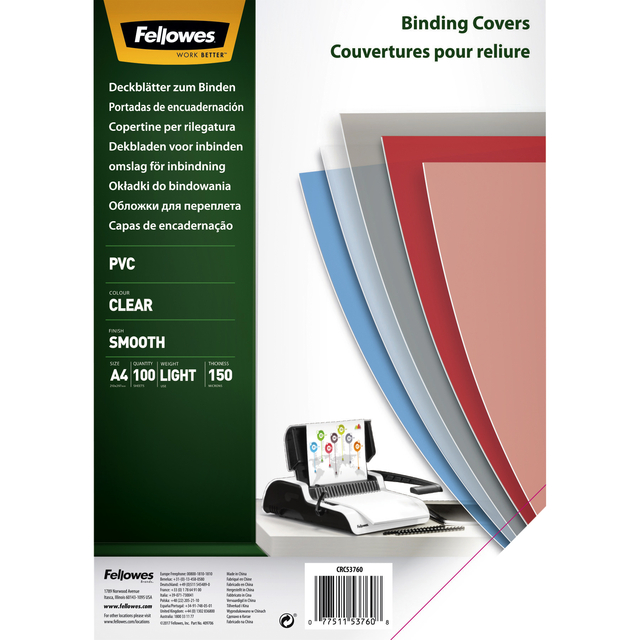 Voorblad Fellowes A4 PVC 150micron 100 stuks Voorblad Fellowes A4 PVC 150micron 100 stuks