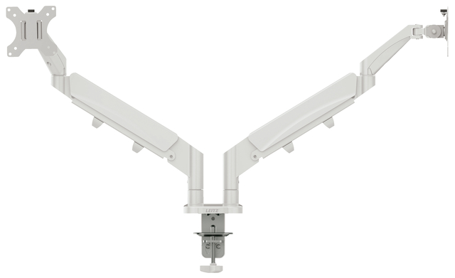 tv-studio arm, adjustable arm, dual-arm monitor mount, metallic gray, wall mount bracket