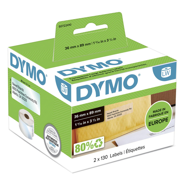 Etiket Dymo LabelWriter adressering 36x89mm 2 rollen á 130 stuks transparant Etiket Dymo LabelWriter adressering 36x89mm 2 rollen á 130 stuks transparant