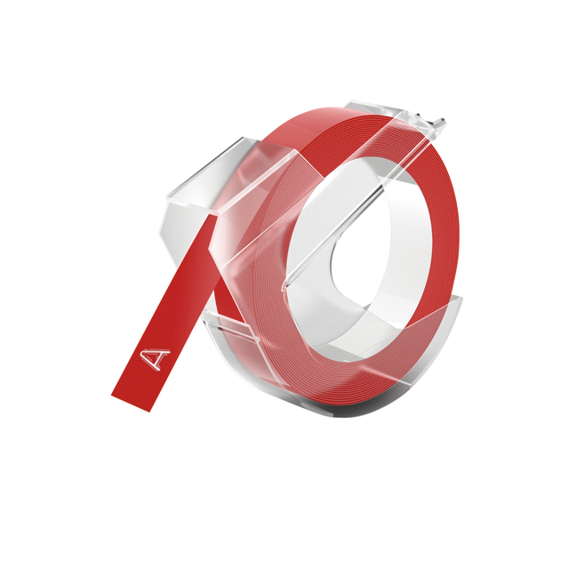Reliëftape Dymo embossing vinyl 9mm wit op rood Reliëftape Dymo embossing vinyl 9mm wit op rood