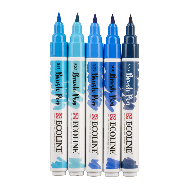 Brushpen Talens Ecoline set à 5 stuks blauw
