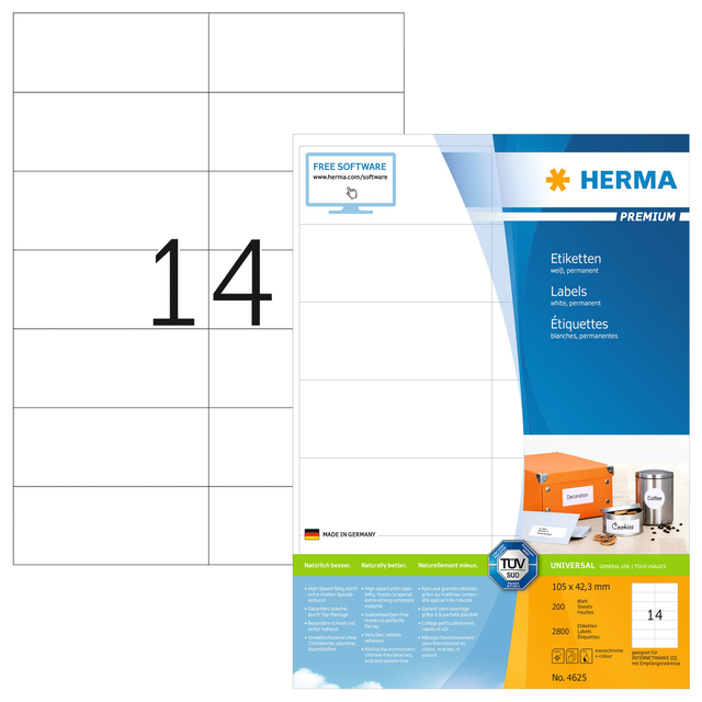 Etiket HERMA 4625 105x42.3mm premium wit 2800stuks Etiket HERMA 4625 105x42.3mm premium wit 2800stuks