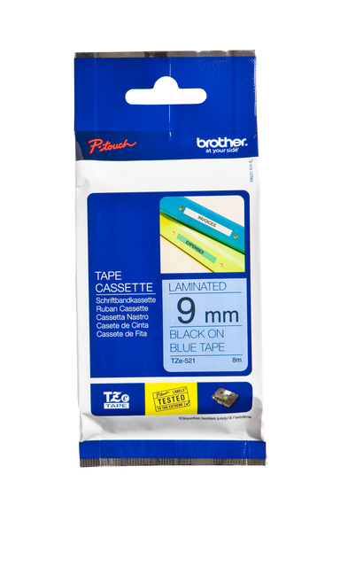 Labeltape Brother P-touch TZe-521 standaard 9mm zwart op blauw Labeltape Brother P-touch TZe-521 standaard 9mm zwart op blauw