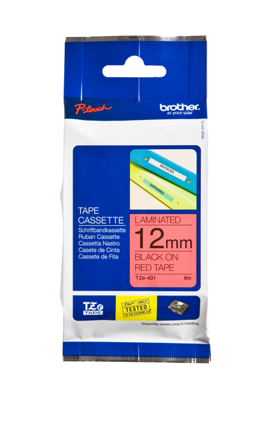 Labeltape Brother P-touch TZe-431 standaard 12mm zwart op rood Labeltape Brother P-touch TZe-431 standaard 12mm zwart op rood