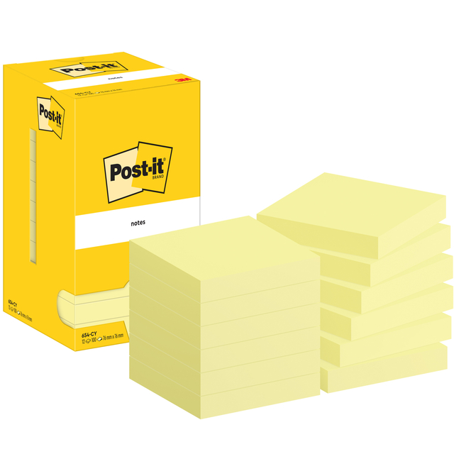 Memoblok Post-it 654 76x76mm geel 12 stuks Memoblok Post-it 654 76x76mm geel 12 stuks