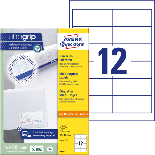 Etiket Avery Zweckform 3659 97x42.3mm wit 1200stuks