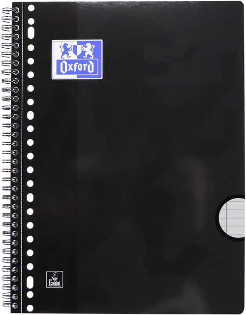 notebook, spiral-bound, black cover, Oxford, hole punched, glossy