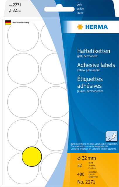 Etiket HERMA 2271 rond 32mm geel 480stuks Etiket HERMA 2271 rond 32mm geel 480stuks