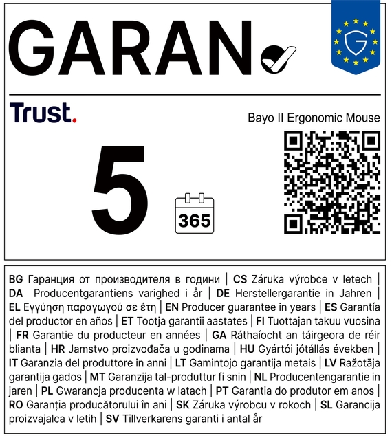 garantielabel, ergonomische muis, 5 jaar garantie, QR-code