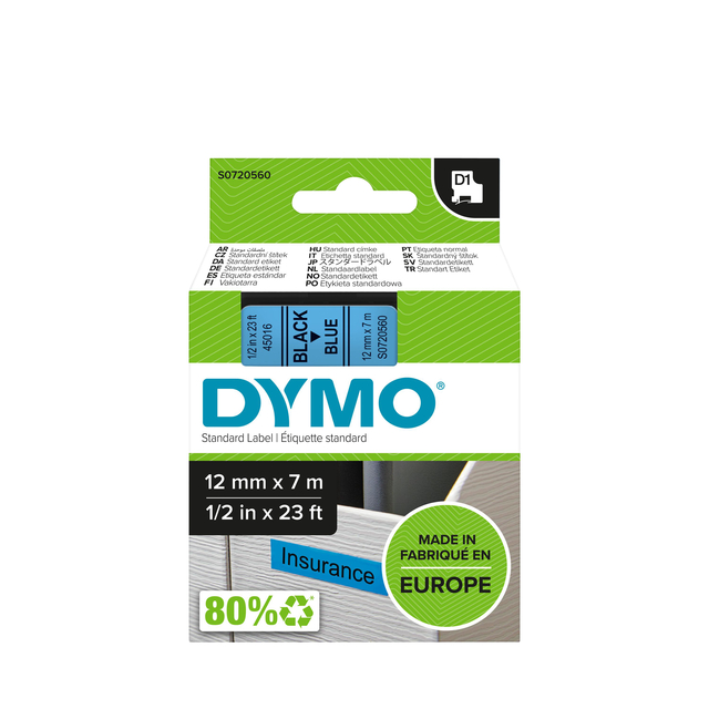 Labeltape Dymo LabelManager D1 polyester 12mm zwart op blauw Labeltape Dymo LabelManager D1 polyester 12mm zwart op blauw
