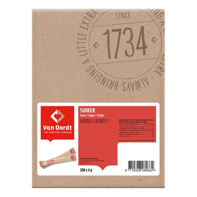 brown box, karton, 200 x 4 g, suikerriet stokjes, van oordt label