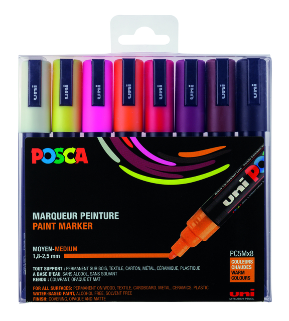 Paintmarker Uni POSCA PC5M medium warm assorti set à 8 stuks Paintmarker Uni POSCA PC5M medium warm assorti set à 8 stuks