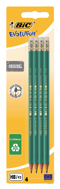 Potlood Bic Evolution ecolutions zeshoekig HB met gumtop blister à 4st Potlood Bic Evolution ecolutions zeshoekig HB met gumtop blister à 4st