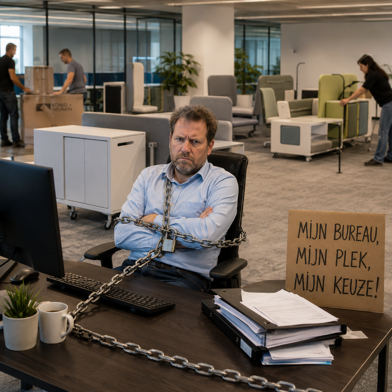 kantoorbureau, man, ketting, bureaustoel, papierstapel