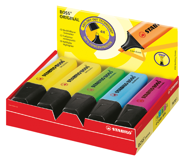 Markeerstift STABILO BOSS Original 70/10 assorti 4 kleuren doos à 10 stuks Markeerstift STABILO BOSS Original 70/10 assorti 4 kleuren doos à 10 stuks