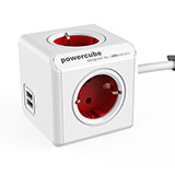 Allocacoc PowerCube Extended, stekkerdoos met USB poorten, 4 sockets, 1.5m, wit/rood Allocacoc PowerCube Extended, stekkerdoos met USB poorten, 4 sockets, 1.5m, wit/rood