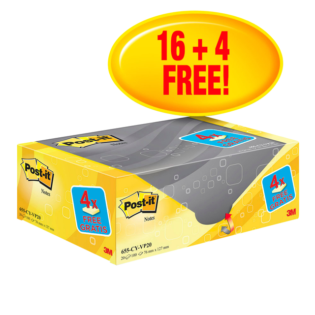Memoblok 3M Post-it 655 76x127mm geel 16 + 4 gratis Memoblok 3M Post-it 655 76x127mm geel 16 + 4 gratis