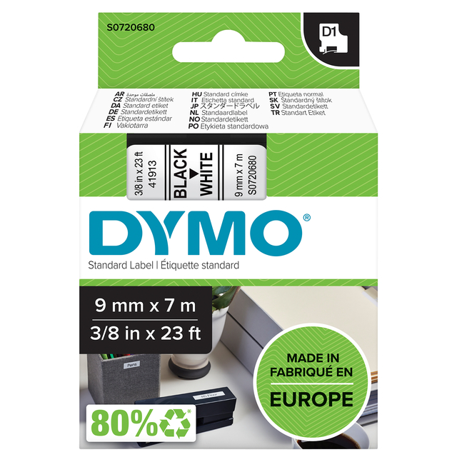 Labeltape Dymo LabelManager D1 polyester 9mm zwart op wit Labeltape Dymo LabelManager D1 polyester 9mm zwart op wit