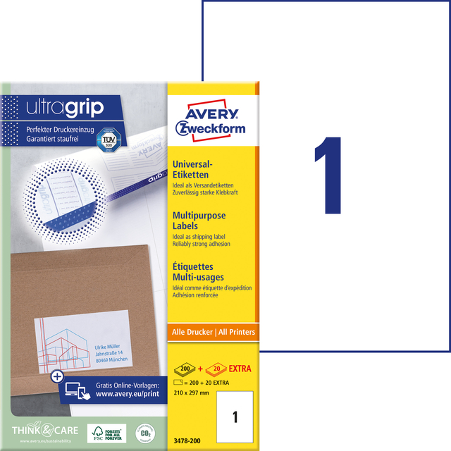 Etiket Avery Zweckform 3478-200 210x297mm A4 wit 200stuks