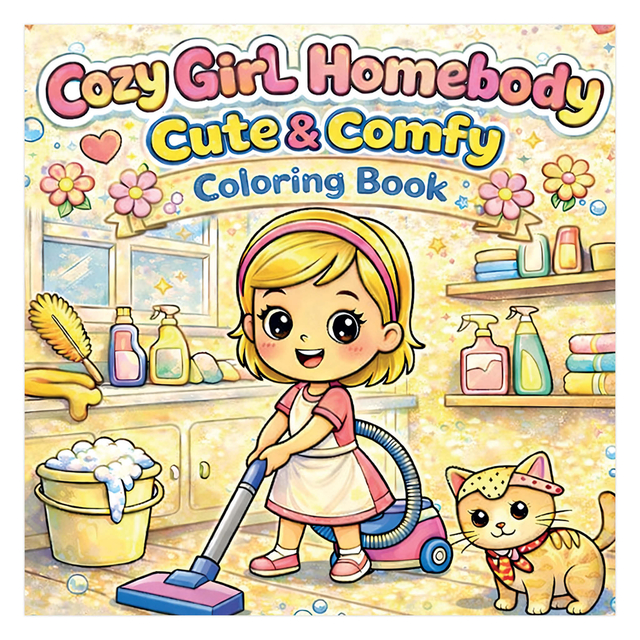 Coloring book,  Cute girl,  Home cleaning,  Vacuum cleaner,  Cat