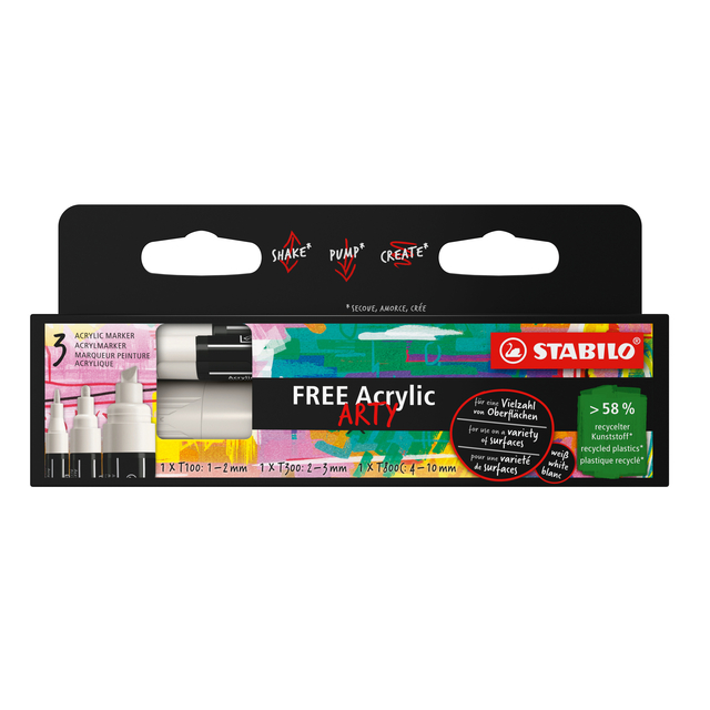 Acrylmarker STABILO  Free Acrylic Mixed Tip set à 3 breedtes wit Acrylmarker STABILO  Free Acrylic Mixed Tip set à 3 breedtes wit