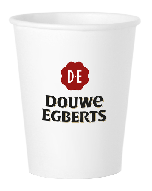 papieren beker, witte beker, D-E logo, kartonnen beker, koffiebeker