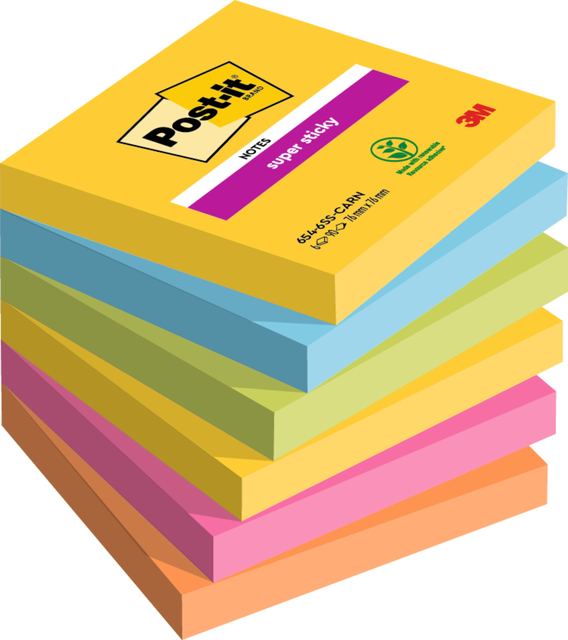 Memoblok Post-it 654 Super Sticky 76x76mm Carnival 6 stuks Memoblok Post-it 654 Super Sticky 76x76mm Carnival 6 stuks
